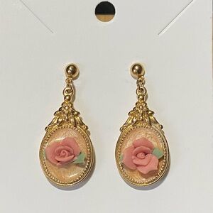 Vintage Rose Gold Plated Enamel Flower Dangle Stud Earrings